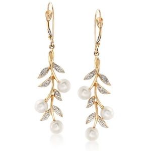 Pearl and Diamond Accent Leaf Drop Earrings in 14kt Gold